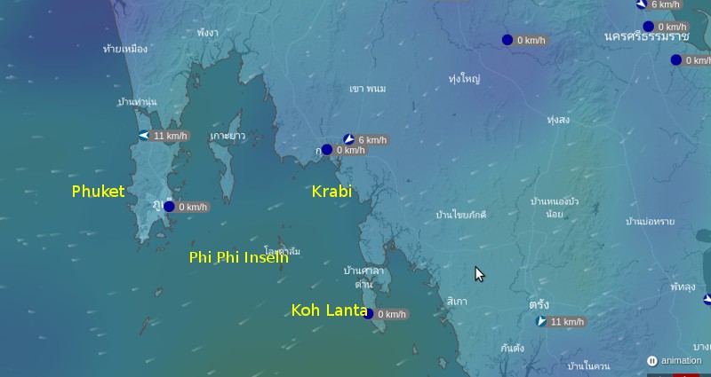 Windkarte für Phuket, Krabi, Koh Lanta & Co.